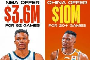 美媒：CBA给威少报价1000万-1400万&只打23场 进季后赛再加钱